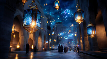 Magical Night City Street with Glowing Lanterns and Fireworks
