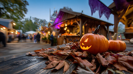 Lighted Jack o' Lantern on Wooden Table at Autumn Festival