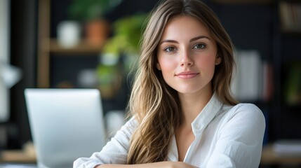Fototapeta premium A young woman with long, wavy hair wearing a white shirt, sitting in a modern office with a laptop on a wooden desk.