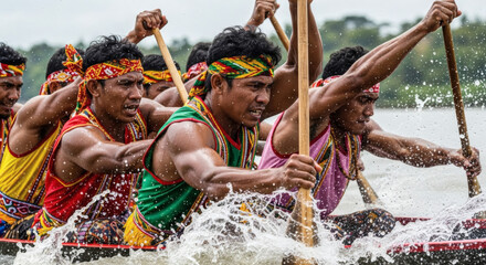 A team of determined men in colorful traditional attire fiercely paddle a longboat during a water race.