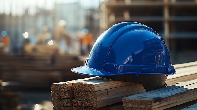 A blue hard hat sitting on a stack of wooden planks at a construction site with workers in background