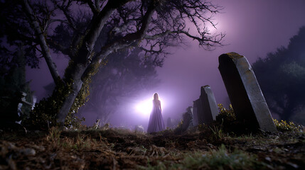 Mysterious Woman in Purple Dress Stands in Foggy Graveyard at Night