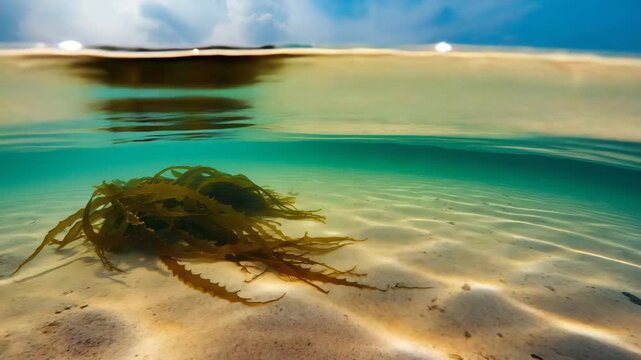 A serene split-level view of a tropical ocean, featuring seaweed on the sandy floor and a bright, sunny beach horizon.