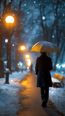 Person Walking Under Yellow Umbrella in Snowy Night Park