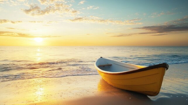 A yellow boat on a beach at sunset with a calm ocean and a clear sky.