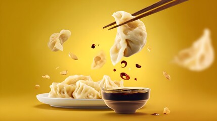 Steaming hot dumplings with chopsticks and soy sauce, a delicious Asian culinary experience