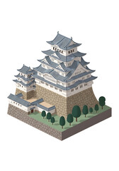 Fototapeta premium An isometric illustration of a multi-tiered, traditional Japanese castle with white walls, grey tiled roofs, and a stone foundation, surrounded by a few green trees.