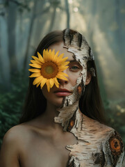 Woman with sunflower and bark skin surreal portrait