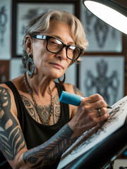 Elderly woman with tattoos drawing studio