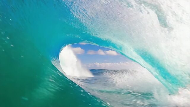 Nature's window, a perfect view from inside a turquoise ocean wave curling into a beautiful tube.