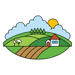 Fototapeta premium A serene European agricultural landscape with rolling green fields, rustic farmhouses, golden crops, winding dirt paths, and distant tree-lined horizons under a soft sky. 