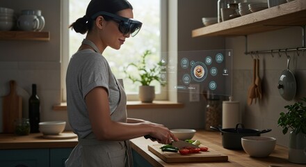 Woman cooking with augmented reality technology in kitchen