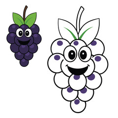 A detailed coloring page featuring a bunch of dark black grapes with leaves, perfect for adding rich shades and exploring the beauty of this luscious fruit cluster.
