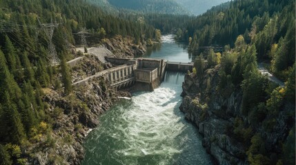 Aerial View of Electric Hydro Dam Surrounded by Water and Trees