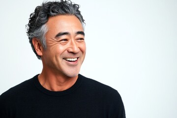 Fototapeta premium A charismatic male posing naturally in a studio. Pure white solid background. Visual concept art of style for aging men. Modish men's hard part haircut - midlife asian man with curly hair.