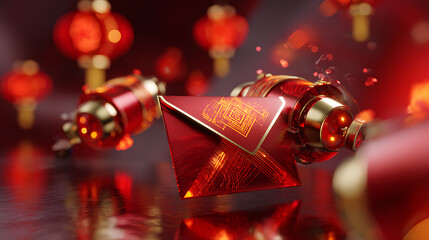 Red Envelope and Lanterns A 3D Rendered Chinese New Year Celebration