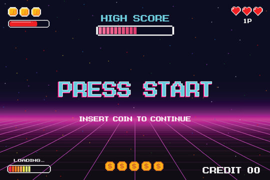 PRESS START. INSERT A COIN TO CONTINUE. pixel art .8 bit game. retro game. for game assets. Retro Futurism Sci-Fi Background. glowing neon grid. and stars from vintage arcade computer games