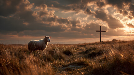 Lamb of god christian cross at sunset religious easter background wallpaper stock photo free download image