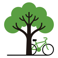 Green bicycle parked under a leafy tree in a park