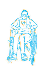 girl in wheelchair - inclusive character illustration - CHICA EN SILLA DE RUEDAS CON CARTEL CON CORAZON.ai