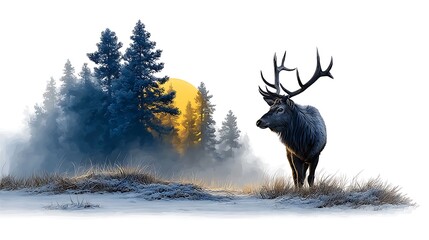 A peaceful winter scene with a reindeer silhouette gazing at a golden moon in a night sky, watercolor trees forming a dense forest in shades of blue and gold, and gentle snow covering the ground.