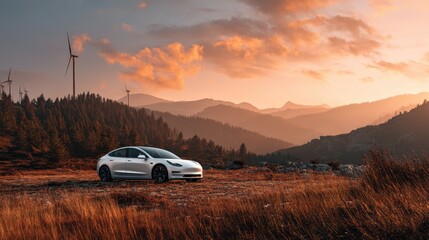 Fototapeta premium Serene Electric Vehicle in Scenic Nature Landscape at Sunset