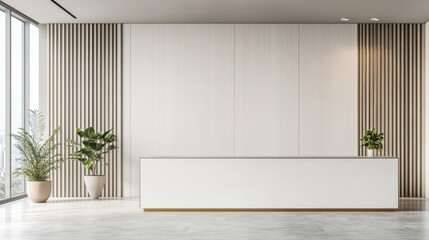 Modern minimalistic office interior with bright reception area and green plants in stylish pots and wooden paneling
