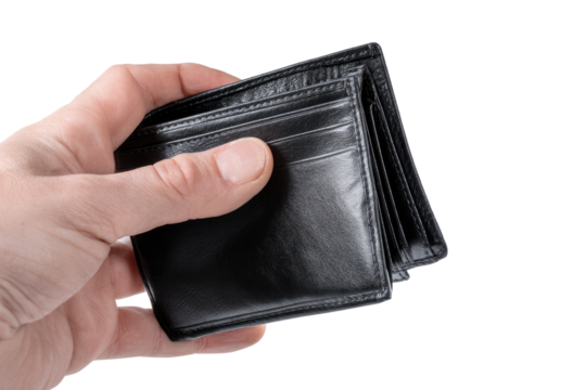 Close-up of a hand holding a black leather wallet - Powered by Adobe