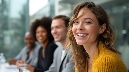 Smiling Young Woman in Yellow Sweater at a Business Meeting with Diverse Colleagues