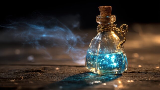 Glowing Fantasy Potion in Glass Vial with Mystical Blue Drops