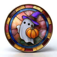 Stained Glass Ghost with Pumpkin and Witch Hat