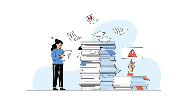 A woman examining piles of documents and papers while a hand points to a warning sign on a stack of files representing disorganized business processes and data management