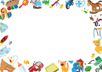 Cartoon kids toys frame creating a rectangular empty space for text