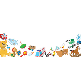 Cartoon style baby toys forming a bottom border on a white background, creating a playful and colorful design