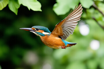 Bird in flight displaying vibrant colors amidst lush greenery