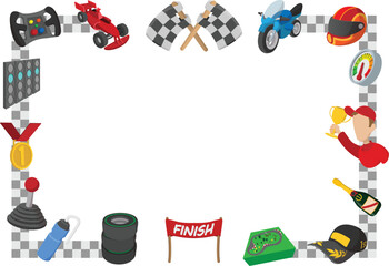 Checkered flags, racing car, motorcycle, helmet, and other elements form a dynamic frame, ideal for motorsport themed designs