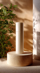 White Cosmetic Bottle on Beige Stone Pedestal with Green Plant