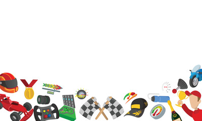 Naklejka premium Racing driver celebrating victory with trophy, helmet, checkered flags, steering wheel, and other racing icons in cartoon style
