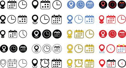 Calendar, Location pin, time icon set. Interface icons. address location pointer and alarm bell. Notice alert sign. business schedule and office time clock. Event icons
