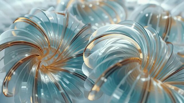 3D fractal spirals curved transparent glass shells, reflecting refracting recursive geometry, slow rotating motion, soft ambient light white minimal background, high-detail abstract, seamless 4k video