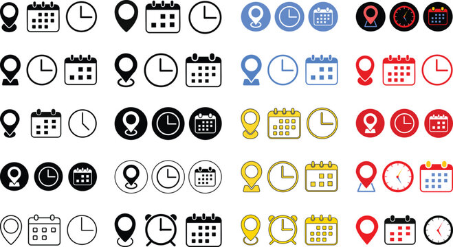 Calendar, Location pin, time icon set. Interface icons. address location pointer and alarm bell. Notice alert sign. business schedule and office time clock. Event icons
