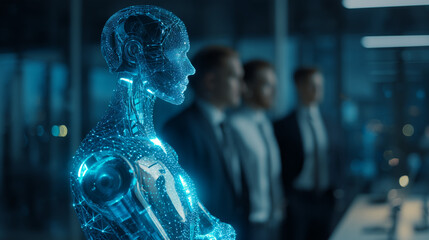 An AI hologram agent representing autonomy and teamwork, standing beside humans in a modern office, symbolizing collaboration between artificial intelligence and human workforce
