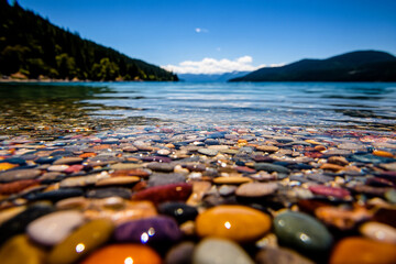 Close-up view of colorful pebbles in clear river water