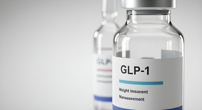 Clear glass vial labeled GLP-1, representing advanced weight management solutions in modern medicine.