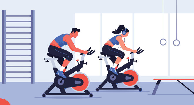 People enjoying indoor cycling workout together in a modern fitness studio
