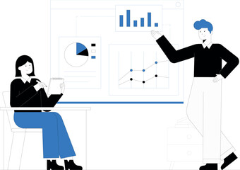 A person sitting at a desk analyzing data visualizations, a business executive standing and discussing data analysis, minimalist design, blue and black colors, flat style.
