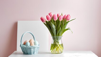 Beautiful pink tulips in a vase beside a basket of pastel colored eggs on a soft pink background during spring season Generative AI