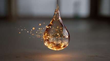 Glowing Magic Drop Suspended in Air with Sparkling Particles