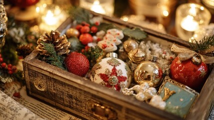 Christmas ornaments in antique wooden box, warm lights