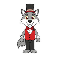 Coloring page of a stylish wolf wearing a top hat, standing proudly with a charming grin. Fun and whimsical design perfect for kids and animal lovers to color!

